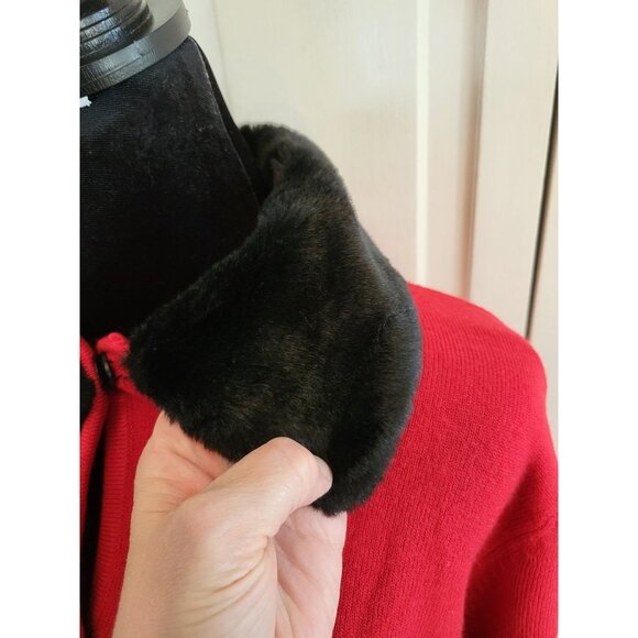 Vintage Y2k Red/Black Cardigan Faux Fur Collar M Party Festive Retro Christmas - Picture 5 of 8